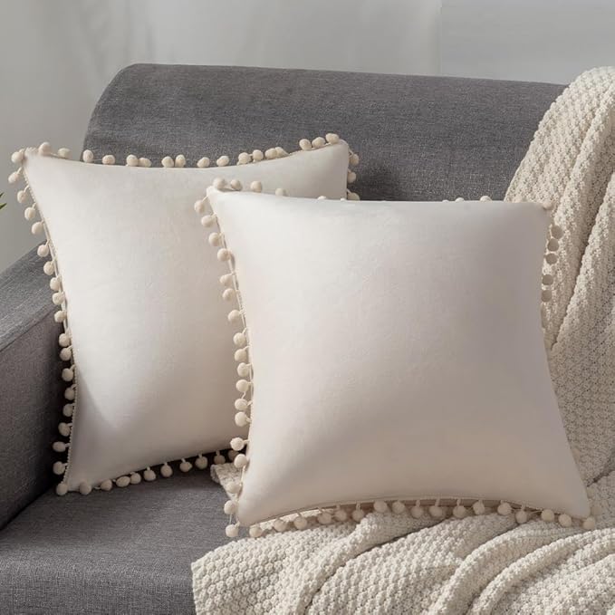 DEZENE Couch Pillow Covers 16x16 Beige: 2 Pack Cozy Soft Pom-poms Velvet Square Throw Pillow Cases for Farmhouse Home Decor