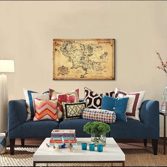 Middle Earth Map Wall Art Canvas Print - Fantasy Map of Middle Earth - 16''H x 24''W with Inner Wooden Frame - Lightweight & Easy to Hang - Perfect for Bedroom, Game Room Decor