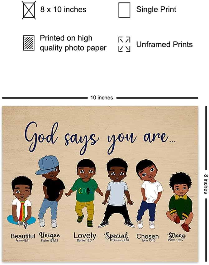 God Says You Are Wall Art - Religious Wall Decor for African American Boys - Christian Gifts - Scripture Decor - God Art - Black Boys Room Artwork - Motivational Inspirational Bible Verses