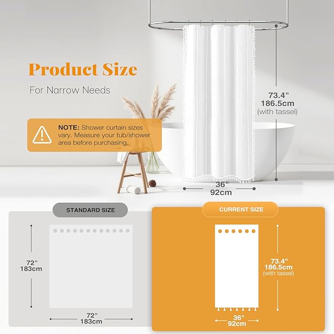 BTTN Boho Shower Stall Curtain - 36x72 Narrow Linen Ultra Thick Striped Tassel Fabric Shower Curtain Set with 6 Hooks, Half Modern Farmhouse Cottage Weighted Shower Curtains for Bathroom - White