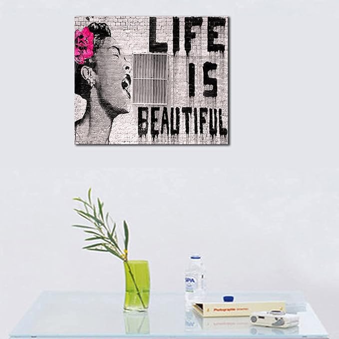 Wieco Art Abstract Giclee Canvas Prints Wall Art Ready to Hang for Kitchen Home Office Decor Banksy Life is Beautiful Large Modern Stretched and Framed Grey Impressionist Pictures Paintings Artwork