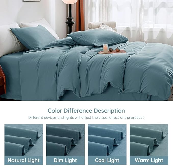 JELLYMONI Cotton Duvet Cover Full Size - 100% Washed Cotton Linen Like Textured Comforter Cover, 3 Pieces Breathable Soft Bedding Set with Zipper Closure (Grayish Blue, Full 80"x90")