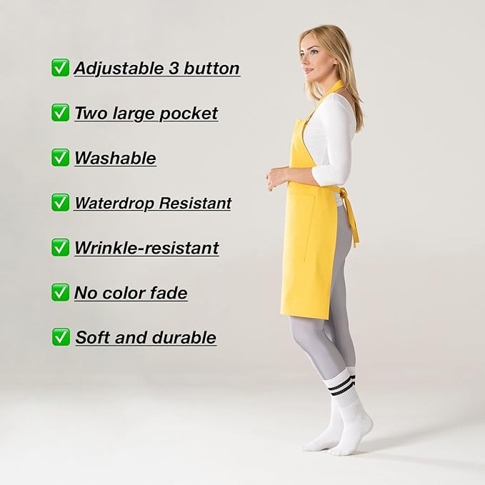 TOSHE Kitchen Apron Waterdrop Resistant Cotton Apron with adjustable Aprons for Women with Pockets 10 Color option Cooking Yellow Apron (Yellow)