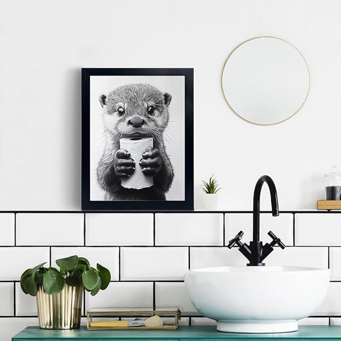 Bathroom Picture Wall Decor, Framed Black and White Bathroom Wall Art,Toilet Paper, Hilarious, Funny Bathroom Animal Art Black and White Canvas Print Painting can be Hung Directly Frame