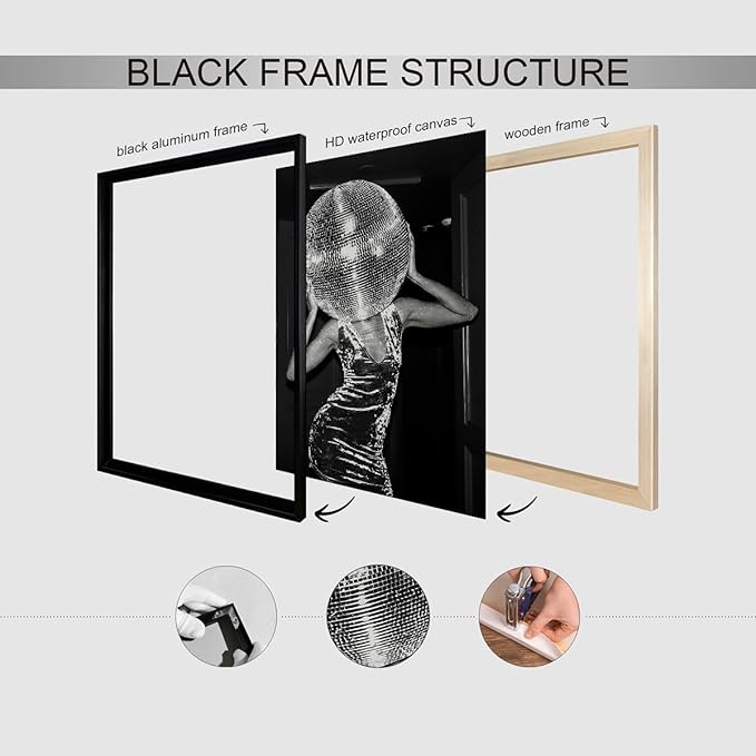 Vintage Funky Y2k Hot Girl Poster Black and White Disco Ball Canvas Wall Art 24x36 inch Black Framed Trendy Preppy Bar Cart Decor for Living Room Dorm