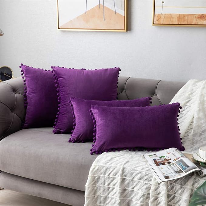 DEZENE 12x20 Throw Pillow Cases Purple: 2 Pack Cozy Soft Pom-poms Velvet Rectangular Decorative Pillow Covers for Farmhouse Home Decor