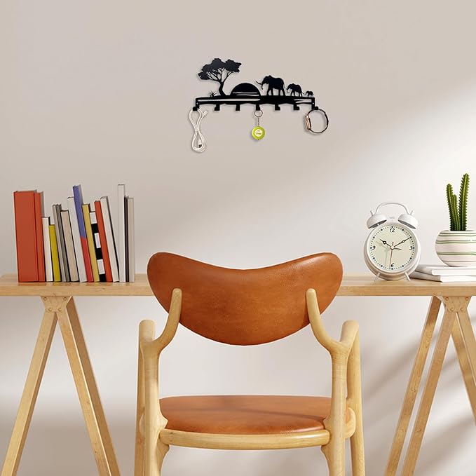 Elephant Family Metal Key Hook Rack - African Savannah Sunset Wall Decor - Practical and Artistic Key Organizer, Hallway, Kitchen, Office