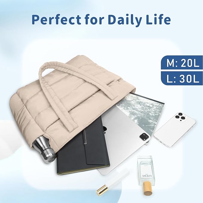 TOPDesign Puffer Tote Bag for Women, Lightweight Puffy Handbag with Compartments, Quilted Shoulder Bag for Work, Travel, Gym