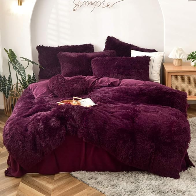 MorroMorn 5 PCS Shaggy Duvet Cover Bedding Set - Fluffy Comforter Cover Long Faux Fur Luxury Ultra Soft Cozy (Maroon, King/California King)