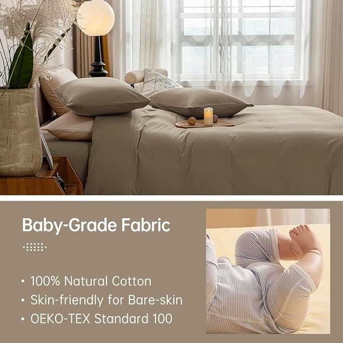 JELLYMONI Khaki Duvet Cover Twin Size - 100% Washed Cotton Linen Feel Textured Comforter Cover, 2 Pieces Breathable Soft Bedding Set with Zipper Closure (Khaki, Twin 68"x90")