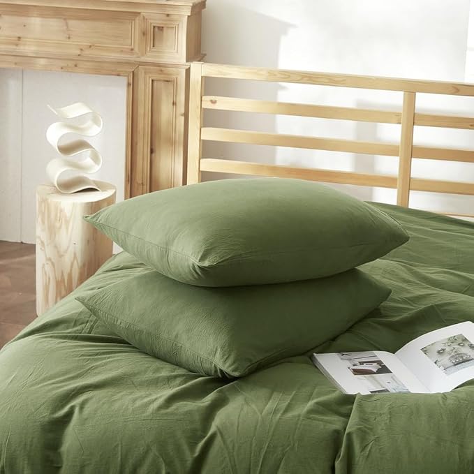 AMWAN Army Green Duvet Cover Soft Washed Cotton Bedding Sets 3 Piece Olive Green 1 Duvet Cover with 2 Pillowcases Simple Style Comforter Cover Cotton Bedding Sets, Full(80''x90'')