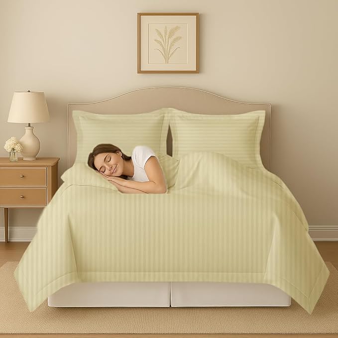 eBeddy Linens Ivory Striped Duvet Cover Set Queen Size 90x90 Inch 100% Cotton Soft and Breathable 3 Pieces (1 Duvet Cover & 2 Pillow Shams) Zipper Closure & Corner Ties