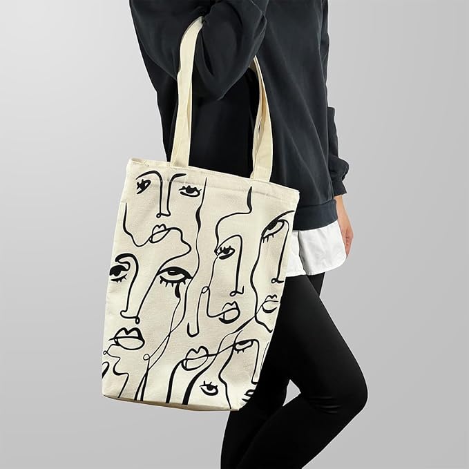 Canvas Tote Bag for Women, Aesthetic Tote Bag with Zipper Pocket for Grocery Travel Work Gift, Canvas Shopping Bag