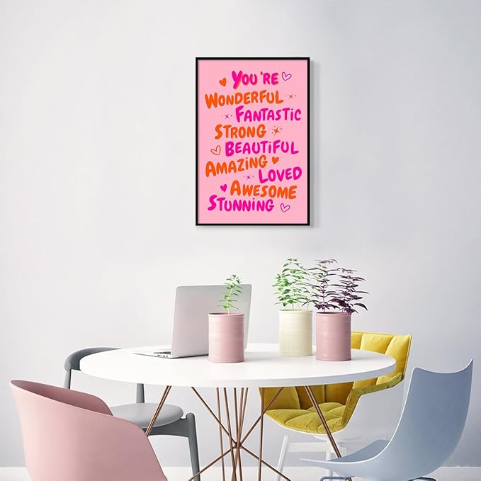 Trendy You Are Amazing You Are Awesome Poster, Funky 70s Pink Orange Aesthetic Canvas Wall Art, Preppy Uplifting Daily Reminder Quotes, Motivational Gifts Picture for Girls 12x16in Framed