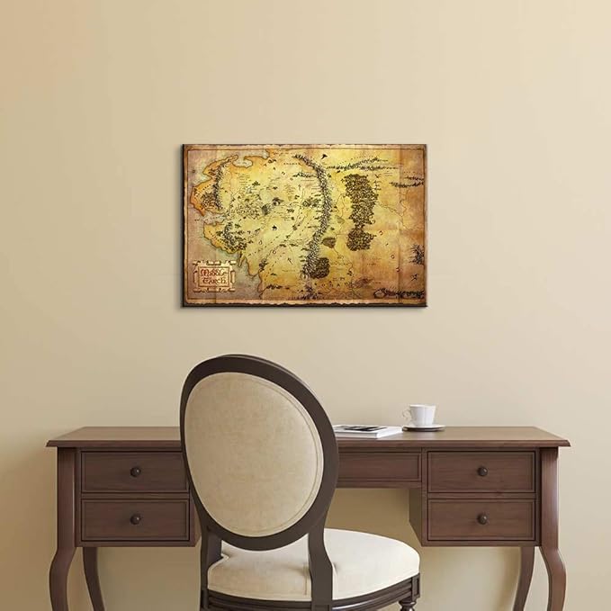 Middle Earth Map Wall Art with Built-in Wooden Frame - Map of Middle Earth Wall Decor for Game Room - Lightweight & Easy Hanging, 12x18 Inches