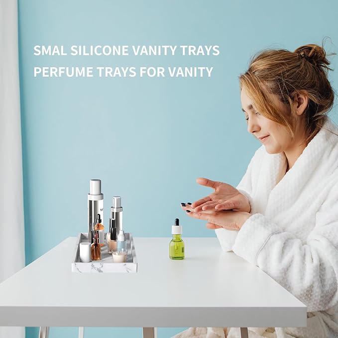 BBK Bathroom Vanity Tray 7.8 in - 2 Pack(Small) Silicone Bathroom Tray for Counter, Perfume Key Trinket Ring Tray, Decor Soap Dispenser Countertop Tray for Kitchen Sink Organization (Faux Marble Look)