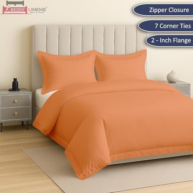 eBeddy Linens Burnt Orange Solid Duvet Cover Set Eastern King 118x110 Size 800 TC Certified Egyptian Cotton Luxury Soft & Breathable Comforter Cover and 2 Pillow Sham with Zipper Closer & Corner Ties