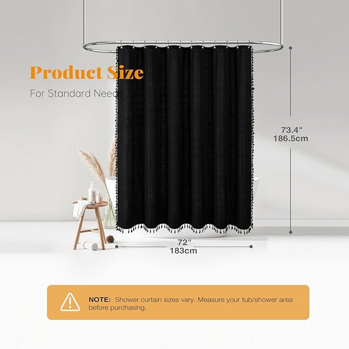 BTTN Black Boho Farmhouse Shower Curtain, Linen Rustic Heavy Duty Fabric Shower Curtain Set with Tassel, Water Repellent, Bohemian Vintage Country Thick Cloth Shower Curtains for Bathroom, 72x72