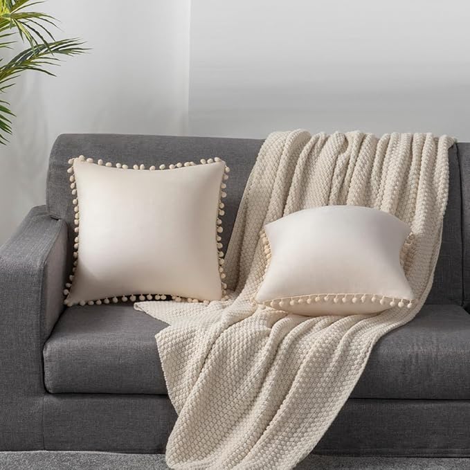 DEZENE Couch Pillow Covers 22x22 Beige: 2 Pack Cozy Soft Pom-poms Velvet Square Throw Pillow Cases for Farmhouse Home Decor