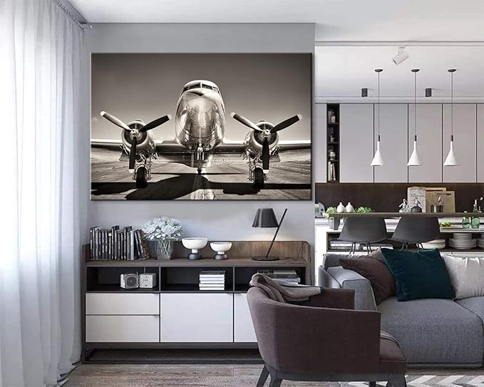 Vintage Douglas DC-3 Airplane Poster - Black and White Propeller Wall Art - Twin Engine Aviation Gifts for Home Office Decor - Easy to Hang (28"Hx40"W)