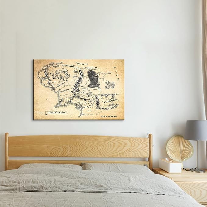 Middle Earth Map Wall Art Canvas Print - Fantasy Map of Middle Earth - 28''H x 40''W with Inner Wooden Frame - Lightweight & Easy to Hang - Perfect for Bedroom, Game Room Decor