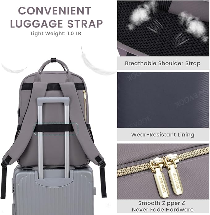 LOVEVOOK Laptop Backpack for Women, Water Resistant Travel Work Backpacks Purse Stylish Business Teacher Nurse Computer Bag with USB Charging Port,Purple Gray