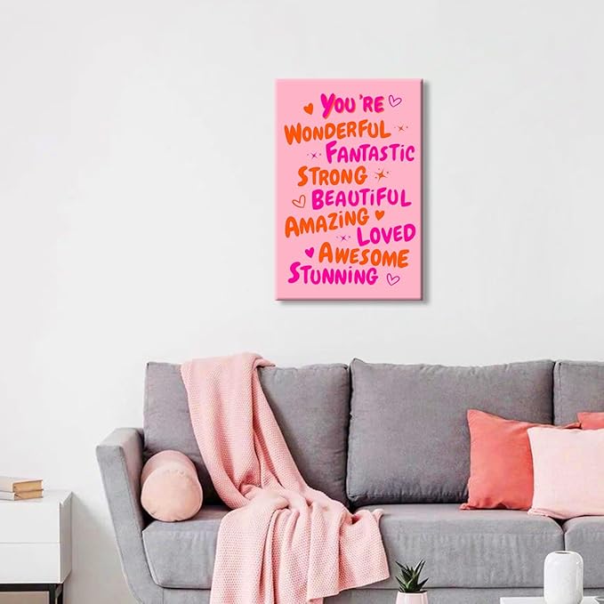Trendy You Are Amazing You Are Awesome Poster, Funky 70s Pink Orange Aesthetic Canvas Wall Art, Preppy Uplifting Daily Reminder Quotes, Motivational Gifts Picture for Girls 12x16in Wrapped Canvas