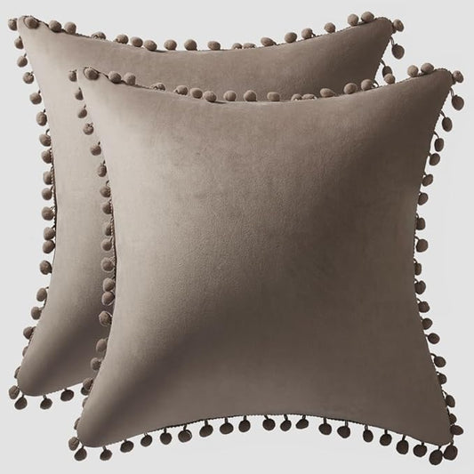 DEZENE Decorative Pillow Covers 18x18 Taupe: 2 Pack Cozy Soft Pom-poms Velvet Square Throw Pillow Cases for Farmhouse Home Decor