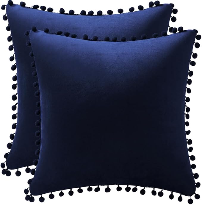DEZENE Couch Pillow Cases 18x18 Navy: 2 Pack Cozy Soft Pom-poms Velvet Square Throw Pillow Covers for Farmhouse Home Decor
