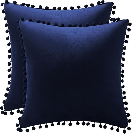 DEZENE Couch Pillow Cases 20x20 Navy: 2 Pack Cozy Soft Pom-poms Velvet Square Throw Pillow Covers for Farmhouse Home Decor