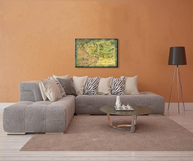 Middle Earth Map Wall Art Canvas Print - Fantasy Map of Middle Earth - 12''H x 18''W with Inner Wooden Frame - Lightweight & Easy to Hang - Perfect for Bedroom, Game Room Decor