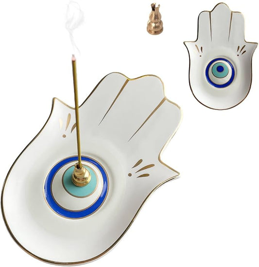 Ceramic Hamsa Hand Incense Holder - 2 in 1 Brass Incense Holder for Sticks and Coil Incense- Zen Decor with Hand of Fatima Design Protection from Evil - 6.2" L X 4.5" W (WhiteEye)