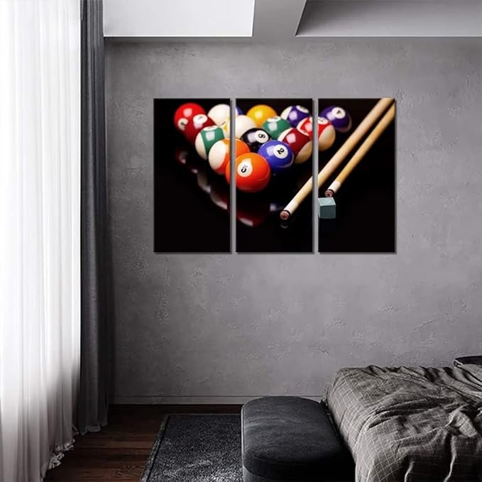 3 Piece Canvas Wall Art - Billiards Balls and Cues with Chalk - Modern Home Decor Stretched and Framed Ready to Hang (40''H x 60''W)