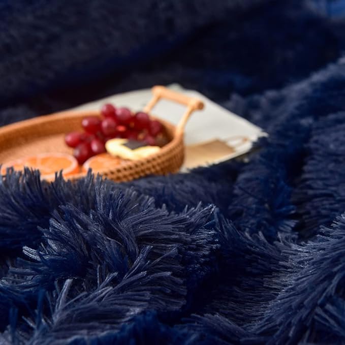 MorroMorn 5 PCS Shaggy Duvet Cover Bedding Set - Long Faux Fur Luxury Ultra Soft (Navy, Full/Queen)
