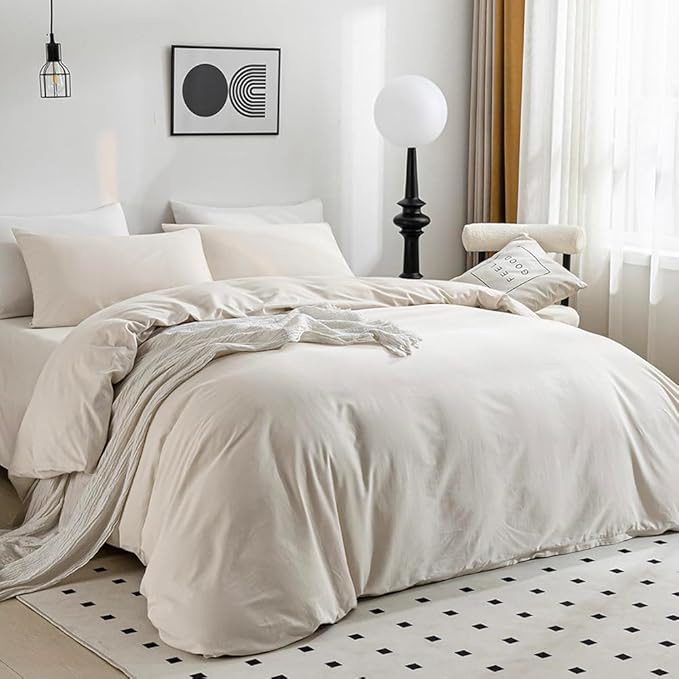 JELLYMONI Beige Duvet Cover Full Size - 100% Washed Cotton Linen Like Textured Comforter Cover, 3 Pieces Breathable Soft Bedding Set with Zipper Closure (Beige, Full 80"x90")