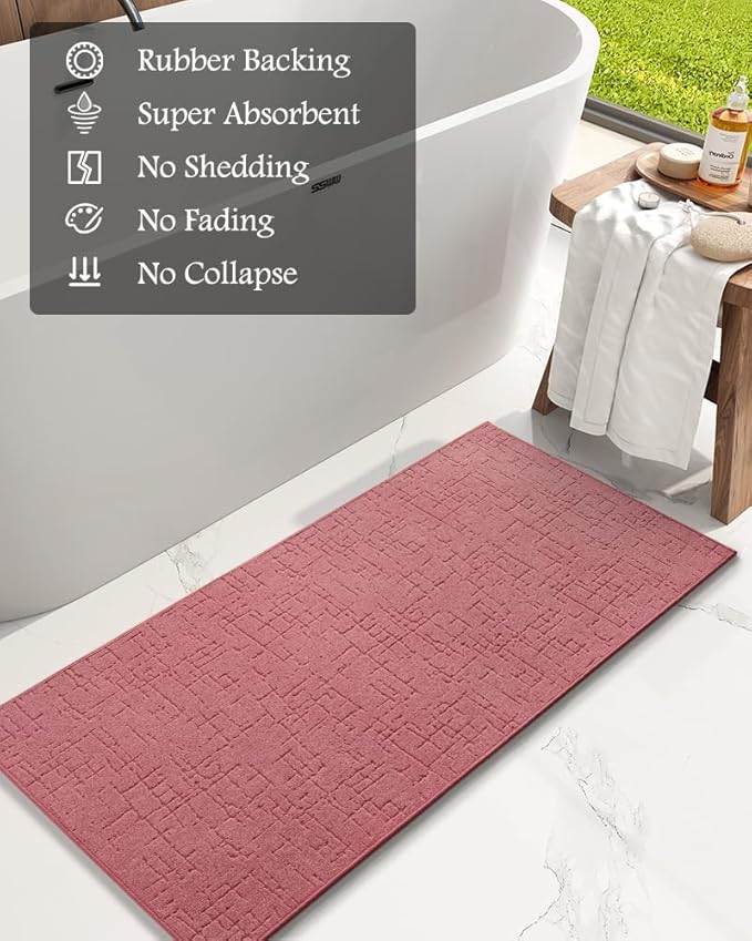 AMOAMI-Bath Mat-Absorbent Quick Dry Bathroom Floor Mats-Washable Rubber Backing Bath Mats for Bathroom Rugs Fit Under Door-Bath Rug for in Front of Sink Bathtub Shower Room, Pink 24''x48''
