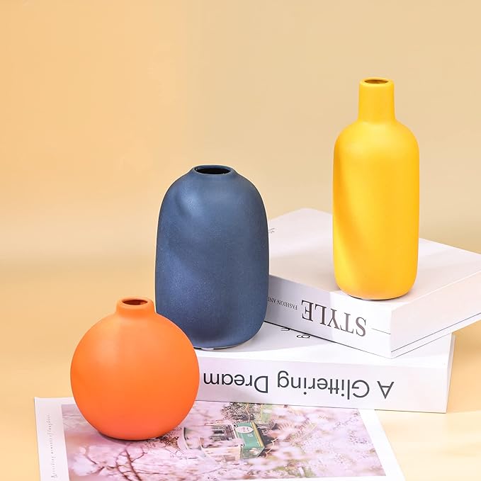 Cute Vase Matte Ceramic vases set of 3 Orange, Modern Boho Vases for Decor small vase,Centerpiece Table Decor japandi home decor Minimalist vase for Décor Room,Entryway, Bookshelf, Mantel, Shelf Décor