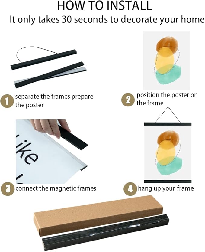 3 Pack Magnetic Poster Hanger 10 Inch Black, 10x12 10x16 10x14 Poster Frame Wood Wooden Magnet Print Posters Dowel Scroll Hanger Hangers Hanging Kit for Walls Map Canvas Artwork