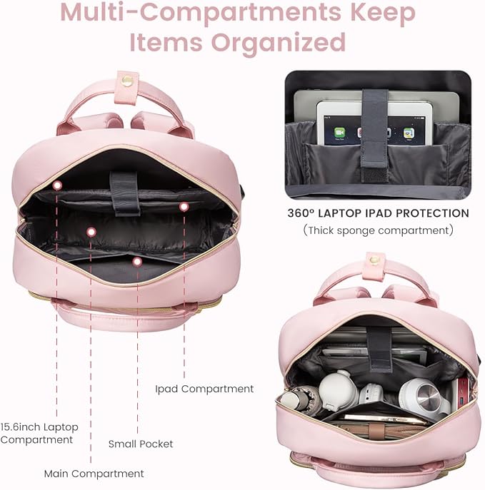 LOVEVOOK Laptop Backpack Women Teacher Backpack,15.6 Inch Laptop Bag with USB Port,Waterproof Daypack for Work Travel Pink