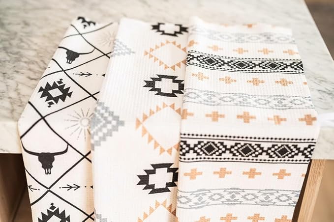 || 3 Pack|| Double Sided || Not Your Ordinary Dish Towels || Waffle Weave Microfiber|| Highly Absorbent || Hanging Loop || Dish Cloths || Modern || Designer Prints (Aztec)