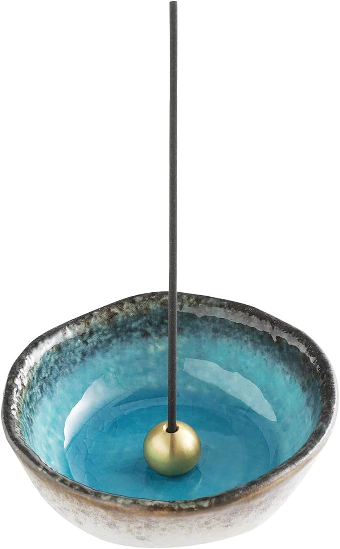 Asayu Japanese Small Mini Incense Holder for Sticks 3.3 inch (83mm), Made in Japan Ceramic Ash Catcher and Brass Incense Burner Set for Yoga, Meditation (Small Mini Nature Ocean Blue Holder)