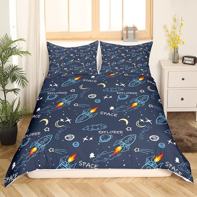 Feelyou Outer Space Duvet Cover Set Universe Galaxy Comforter Cover for Kids Boys Girls Star Moon Bedding Set 1 Duvet Cover & 1 Pillowcase