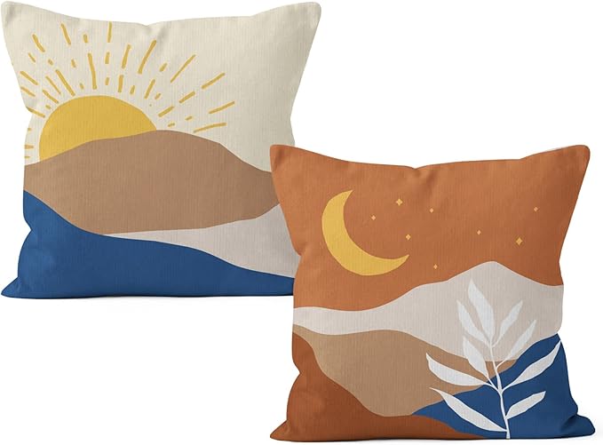HIWX Boho Pillow Covers, Boho Sun Moon Mountains Decorative Pillowcase Throw Pillow Cover 18x18,Boho Throw Pillows,Boho Sun Desert for Sofa Bed Room Home Bedroom Decor Set of 2 Pillow Case（Orange）