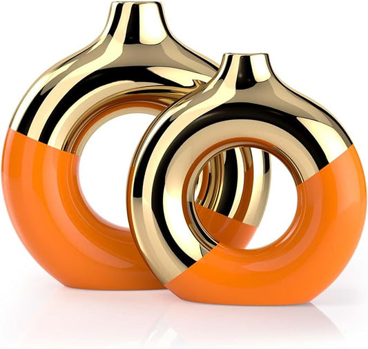 Orange and Gold Ceramic Vase Set of 2,Round Donut Hollow Flower Vases for Home Decor Accents,Modern Minimalist Centerpiece Table Decorations,Wedding,Living Room,Bookshelf,Office,Entryway