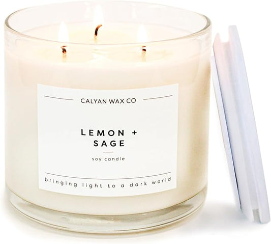 Calyan Wax Co. 3 Wick Candle, Lemon + Sage Scented Candle, 43 Hour Burn Time, 3 Wick Soy Candles, Non Toxic & Vegan Soy Wax, Glass Jar Scented Candles, 14.9oz
