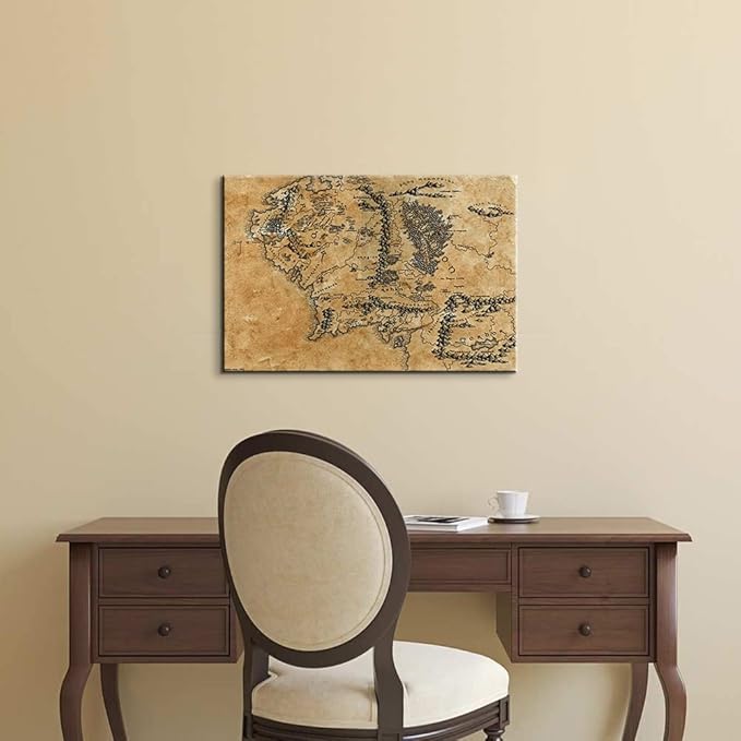 Map of Middle Earth Wall Decor - Middle Earth Map Wall Art with Inner Wooden Frame, Lightweight & Easy Hanging, Paintings for Game Room & Bedroom, 12x18 Inches
