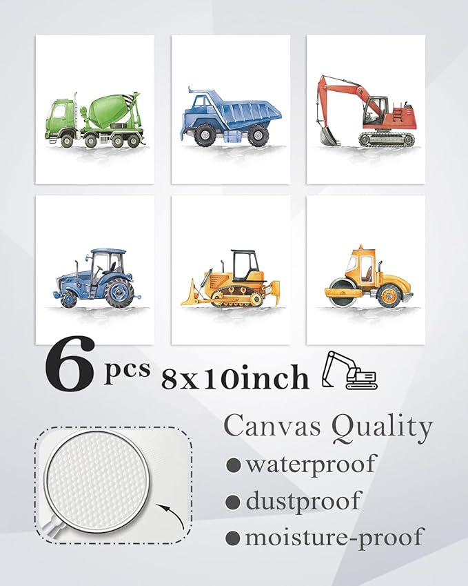 ASTRDECOR Construction Room Decor for Boys, Boys Nursery Decor, Toddler Boy Room Decor, Playroom Wall Art Watercolour Truck Prints for Kids Room, Car Pictures Wall Decor for Playroom, Nursery, Bedroom, Truck Vehicles Posters - 8"x10"x6PCS, Unframed