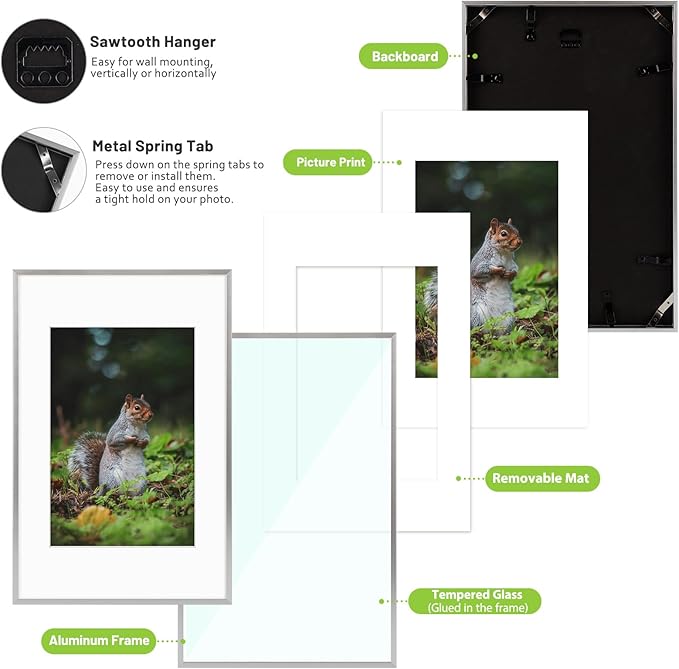 Golden State Art 11x17 Picture Frame 3 Pack - Aluminum Frames with 8x12 Removable Mats & Real Glass, Display 11x17 Posters or 8x12 Photos - Silver Gallery Wall Frames for Home Office Decor