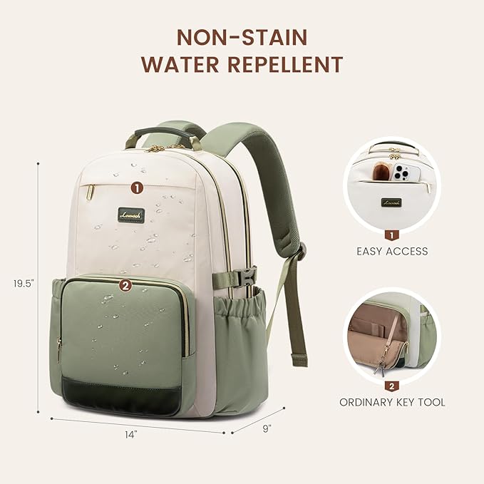 LOVEVOOK Laptop Backpack for Women with Pouch Pocket for Large Capacity Cup,18 Inch Laptop Computer Bag Travel Backpack Purse,Waterproof Work College Teacher Bags,White-Bean Green-Dark Olive Green