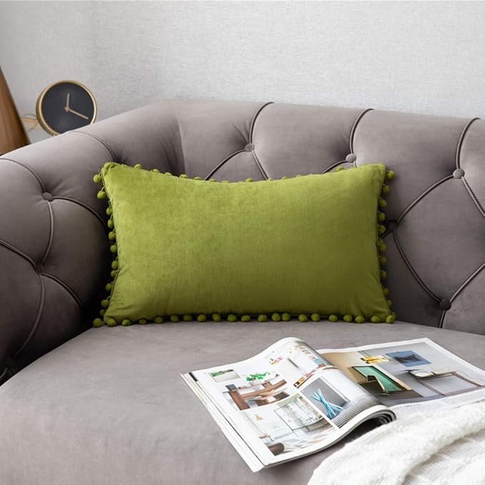DEZENE Couch Pillow Cases 12x20 Chartreuse: 2 Pack Cozy Soft Pom-poms Velvet Rectangular Throw Pillow Covers for Farmhouse Home Decor